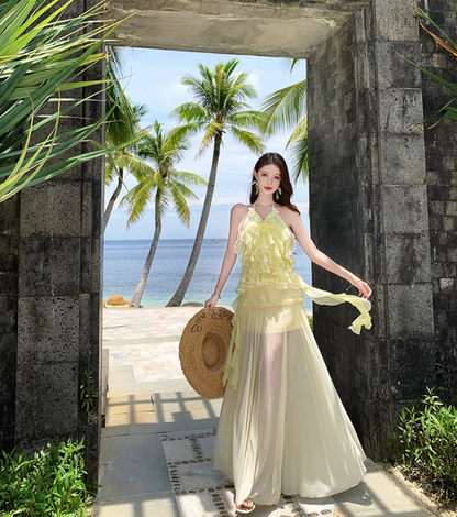 Ethereal Yellow Ruffled Flowy Maxi Dress Getaways Flutter Sheer Tulle Hem Halter Dress AP1122
