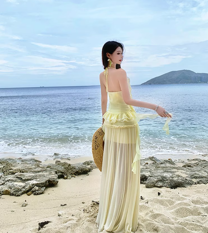 Ethereal Yellow Ruffled Flowy Maxi Dress Getaways Flutter Sheer Tulle Hem Halter Dress AP1122