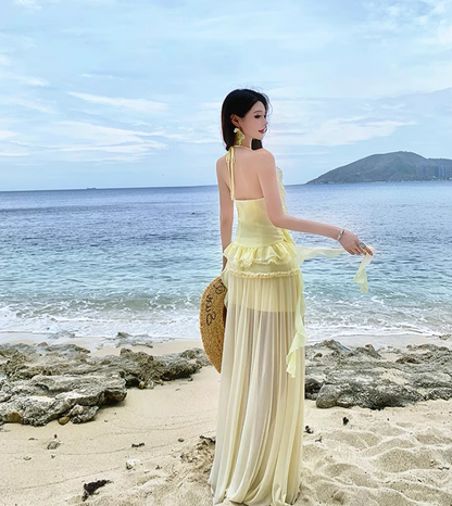 Ethereal Yellow Ruffled Flowy Maxi Dress Getaways Flutter Sheer Tulle Hem Halter Dress AP1122