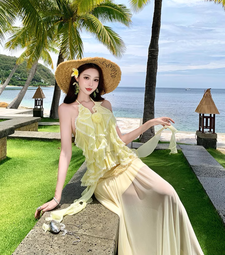 Ethereal Yellow Ruffled Flowy Maxi Dress Getaways Flutter Sheer Tulle Hem Halter Dress AP1122