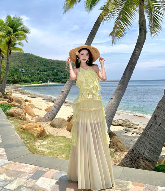 Ethereal Yellow Ruffled Flowy Maxi Dress Getaways Flutter Sheer Tulle Hem Halter Dress AP1122