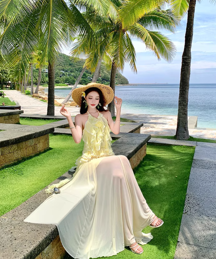 Ethereal Yellow Ruffled Flowy Maxi Dress Getaways Flutter Sheer Tulle Hem Halter Dress AP1122