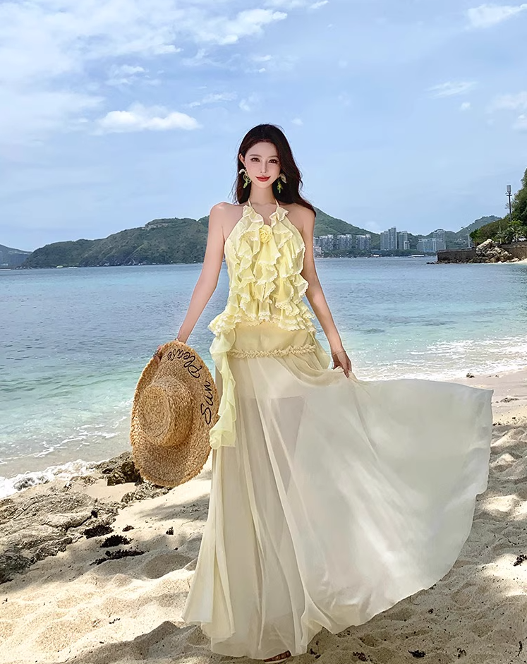 Ethereal Yellow Ruffled Flowy Maxi Dress Getaways Flutter Sheer Tulle Hem Halter Dress AP1122