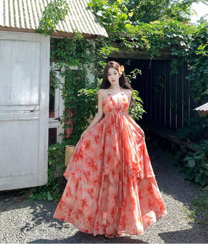 Tropical Style Layered Ruffle Hem Flowy Maxi Dress Getaways Sunset Palette Backless Halter Dress AP1123