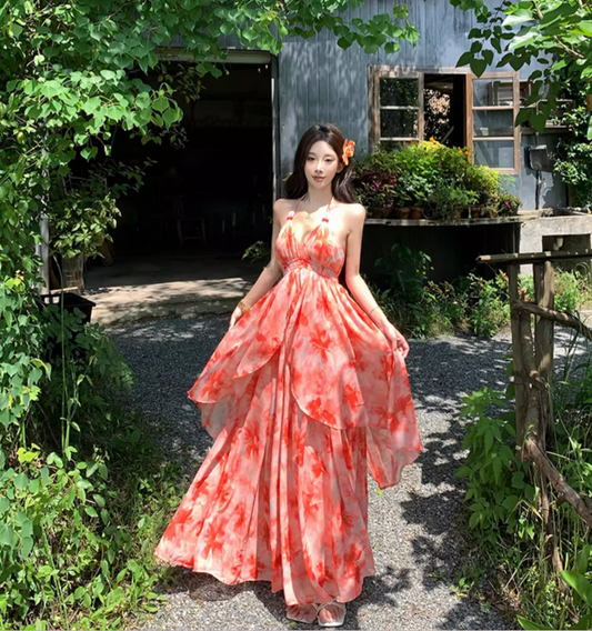 Tropical Style Layered Ruffle Hem Flowy Maxi Dress Getaways Sunset Palette Backless Halter Dress AP1123