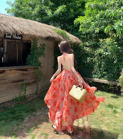 Tropical Style Layered Ruffle Hem Flowy Maxi Dress Getaways Sunset Palette Backless Halter Dress AP1123