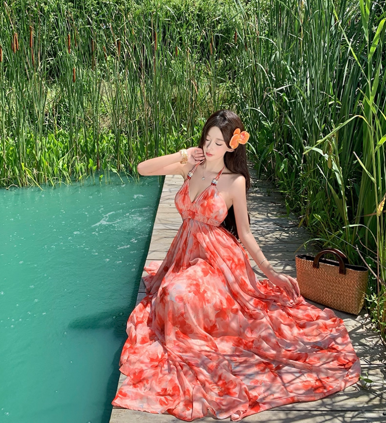 Tropical Style Layered Ruffle Hem Flowy Maxi Dress Getaways Sunset Palette Backless Halter Dress AP1123