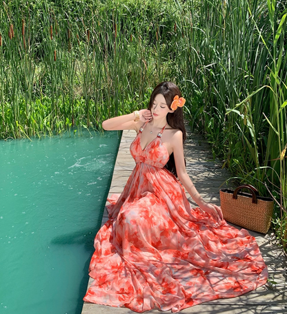 Tropical Style Layered Ruffle Hem Flowy Maxi Dress Getaways Sunset Palette Backless Halter Dress AP1123