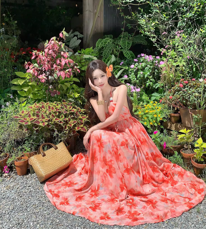 Tropical Style Layered Ruffle Hem Flowy Maxi Dress Getaways Sunset Palette Backless Halter Dress AP1123