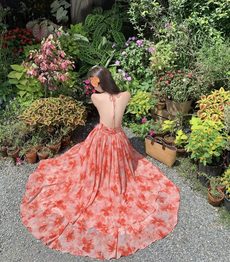 Tropical Style Layered Ruffle Hem Flowy Maxi Dress Getaways Sunset Palette Backless Halter Dress AP1123