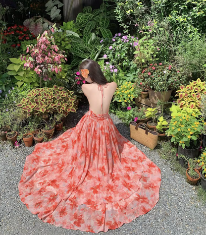 Tropical Style Layered Ruffle Hem Flowy Maxi Dress Getaways Sunset Palette Backless Halter Dress AP1123