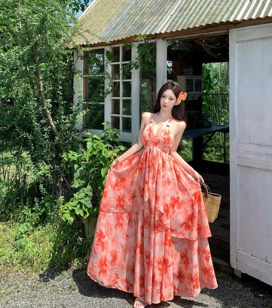 Tropical Style Layered Ruffle Hem Flowy Maxi Dress Getaways Sunset Palette Backless Halter Dress AP1123