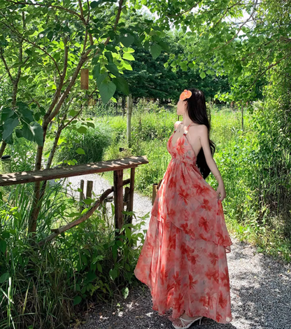 Tropical Style Layered Ruffle Hem Flowy Maxi Dress Getaways Sunset Palette Backless Halter Dress AP1123