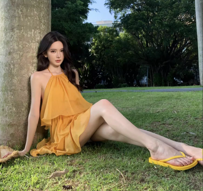 Chic Yellow Tiered Ruflles Mini Dress Refined Backless Tie-Back Halter Short Dress AP1124