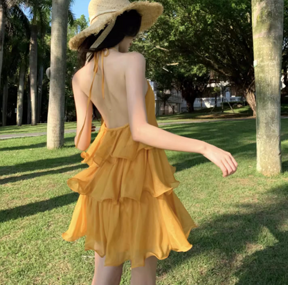 Chic Yellow Tiered Ruflles Mini Dress Refined Backless Tie-Back Halter Short Dress AP1124