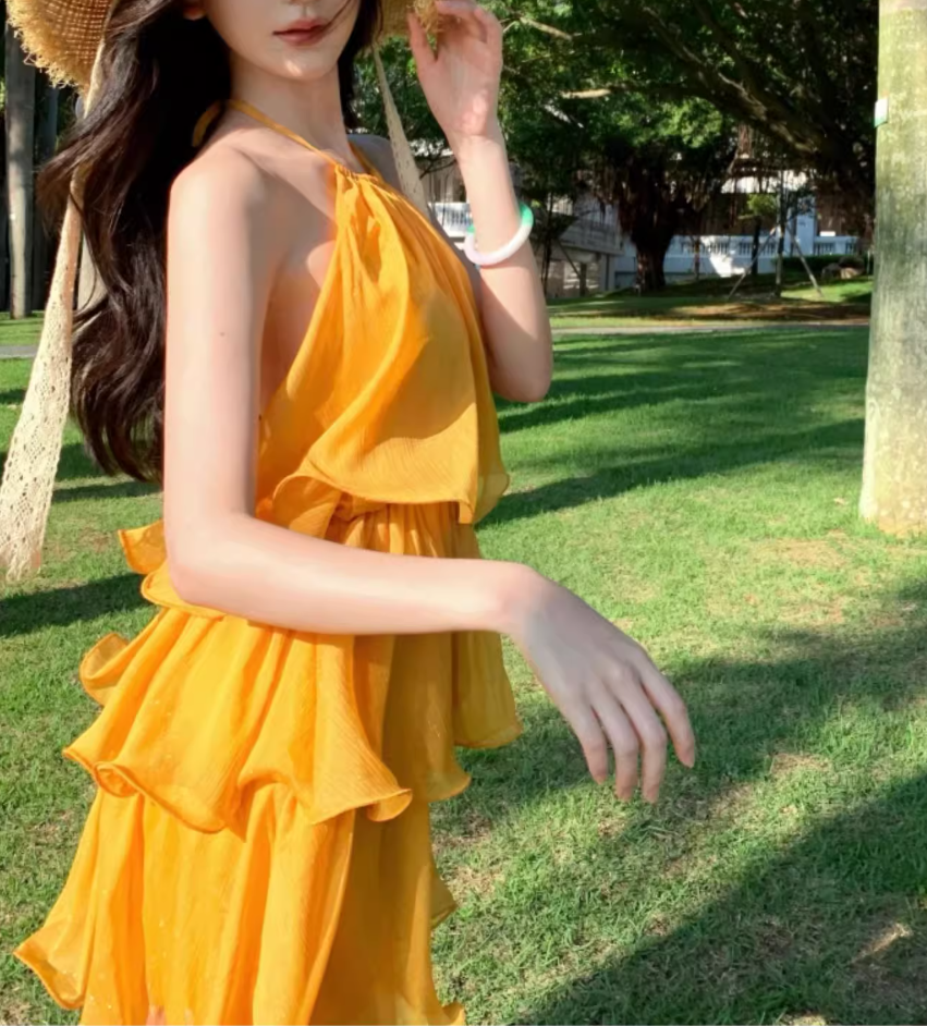 Chic Yellow Tiered Ruflles Mini Dress Refined Backless Tie-Back Halter Short Dress AP1124