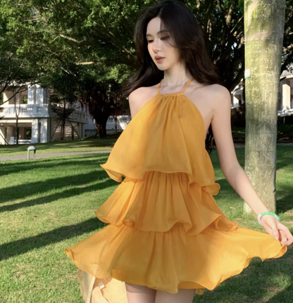 Chic Yellow Tiered Ruflles Mini Dress Refined Backless Tie-Back Halter Short Dress AP1124