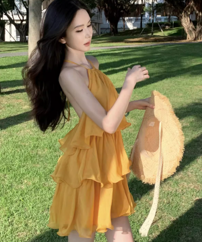 Chic Yellow Tiered Ruflles Mini Dress Refined Backless Tie-Back Halter Short Dress AP1124
