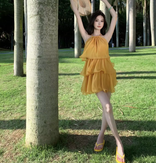 Chic Yellow Tiered Ruflles Mini Dress Refined Backless Tie-Back Halter Short Dress AP1124