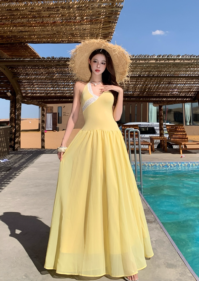 Vibrant Tropical Style Soft Double Layers Maxi Dress Getaways Flowy Tie-Back Halter Dress AP1125