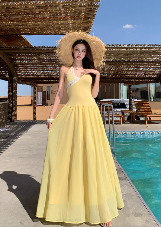 Vibrant Tropical Style Soft Double Layers Maxi Dress Getaways Flowy Tie-Back Halter Dress AP1125