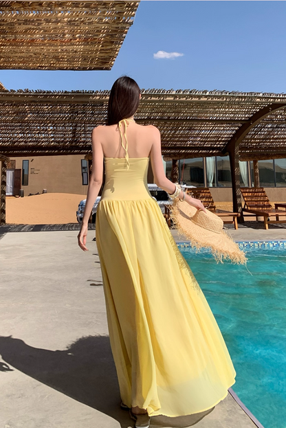 Vibrant Tropical Style Soft Double Layers Maxi Dress Getaways Flowy Tie-Back Halter Dress AP1125