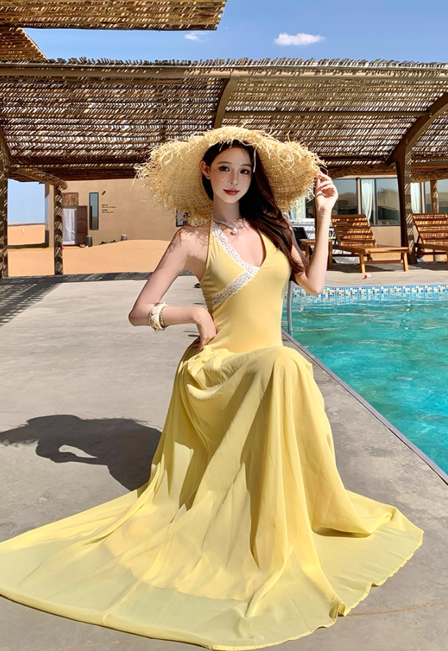 Vibrant Tropical Style Soft Double Layers Maxi Dress Getaways Flowy Tie-Back Halter Dress AP1125