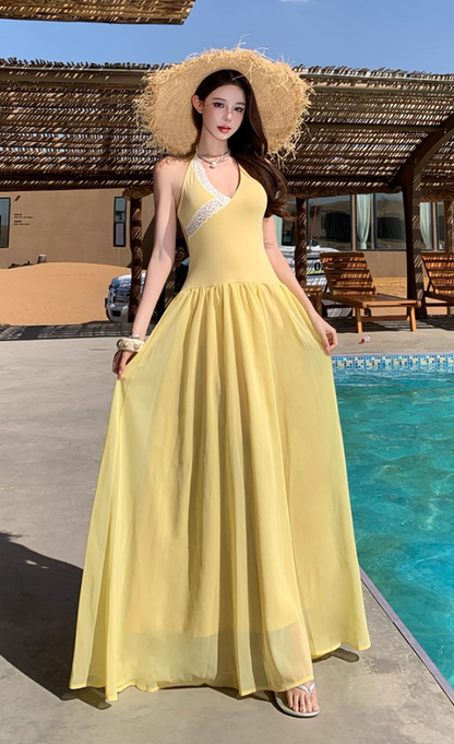 Vibrant Tropical Style Soft Double Layers Maxi Dress Getaways Flowy Tie-Back Halter Dress AP1125