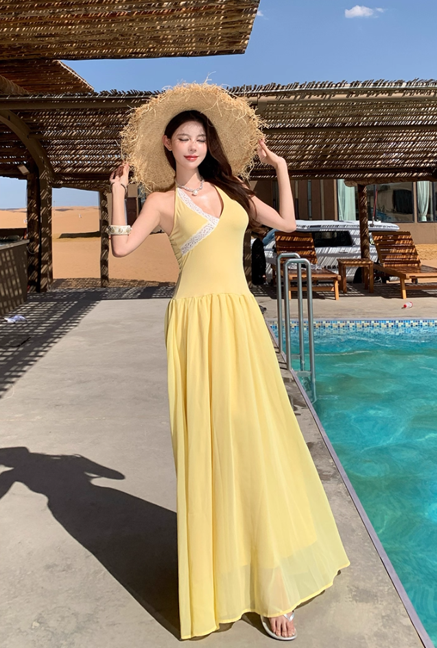 Vibrant Tropical Style Soft Double Layers Maxi Dress Getaways Flowy Tie-Back Halter Dress AP1125