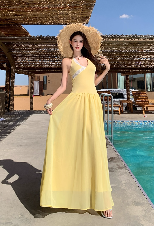 Vibrant Tropical Style Soft Double Layers Maxi Dress Getaways Flowy Tie-Back Halter Dress AP1125