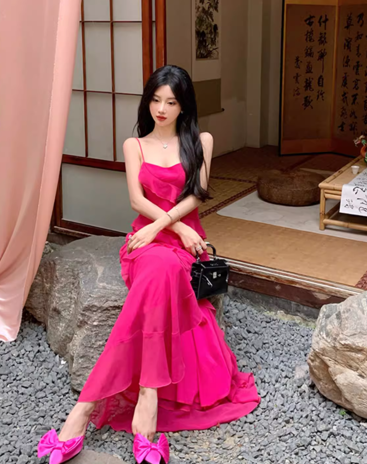 Date Night Hot Pink Asymmetric Ruffle Maxi Dress High-Slit Spaghetti Strap Long Dress AP1126