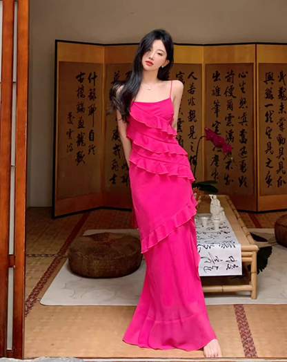 Date Night Hot Pink Asymmetric Ruffle Maxi Dress High-Slit Spaghetti Strap Long Dress AP1126