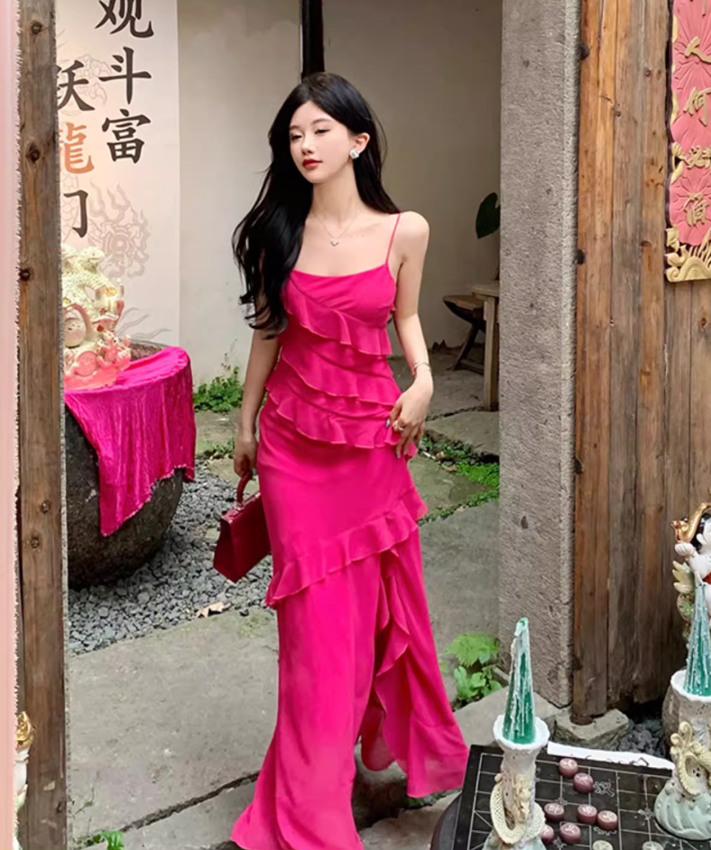 Date Night Hot Pink Asymmetric Ruffle Maxi Dress High-Slit Spaghetti Strap Long Dress AP1126