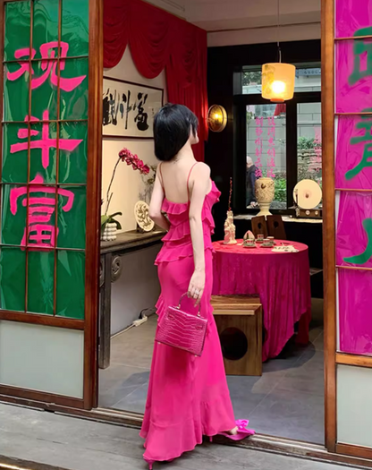 Date Night Hot Pink Asymmetric Ruffle Maxi Dress High-Slit Spaghetti Strap Long Dress AP1126