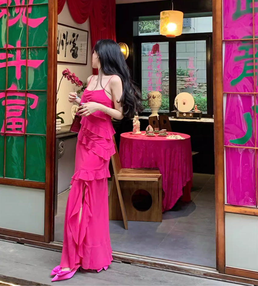 Date Night Hot Pink Asymmetric Ruffle Maxi Dress High-Slit Spaghetti Strap Long Dress AP1126