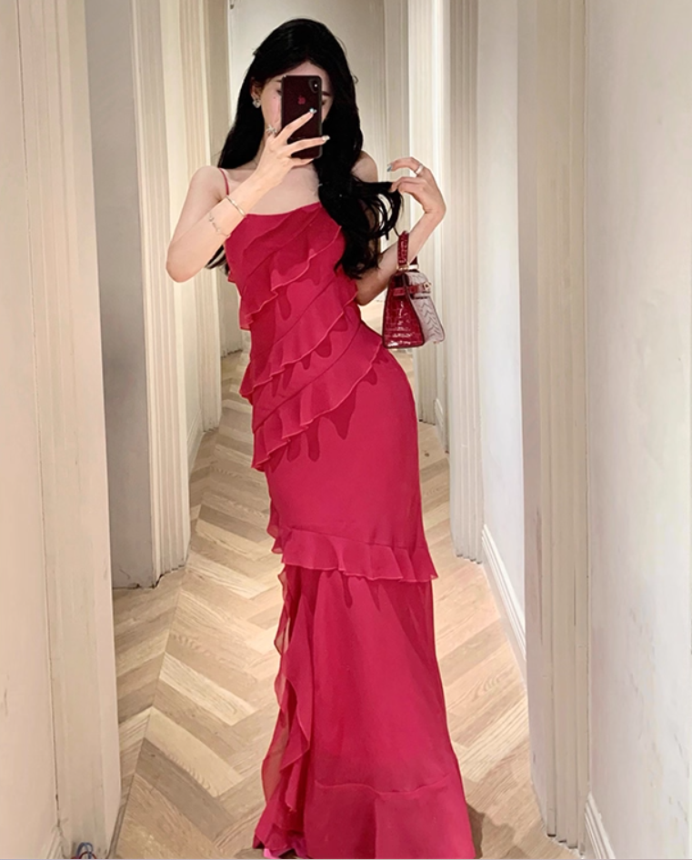 Date Night Hot Pink Asymmetric Ruffle Maxi Dress High-Slit Spaghetti Strap Long Dress AP1126