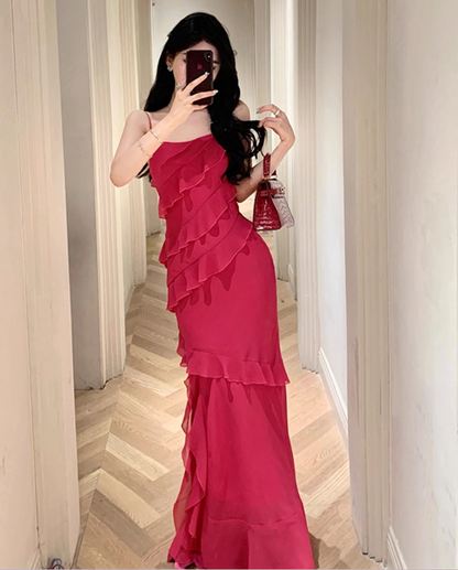 Date Night Hot Pink Asymmetric Ruffle Maxi Dress High-Slit Spaghetti Strap Long Dress AP1126