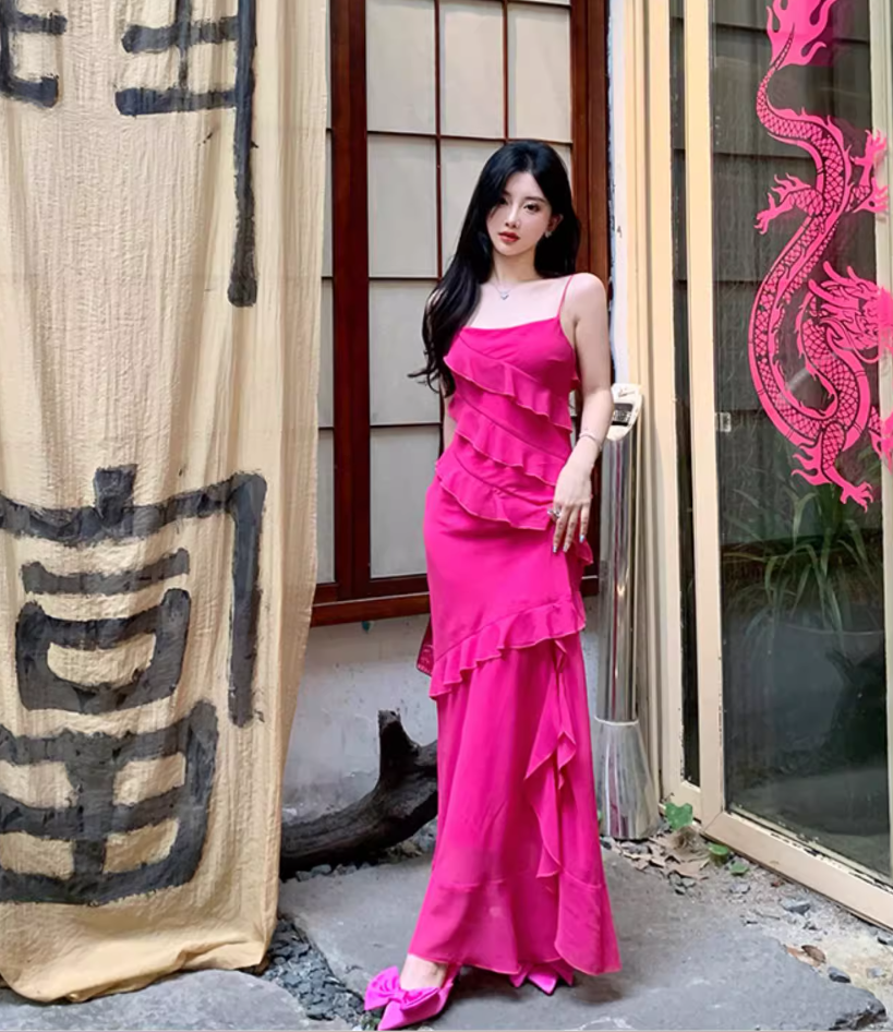 Date Night Hot Pink Asymmetric Ruffle Maxi Dress High-Slit Spaghetti Strap Long Dress AP1126