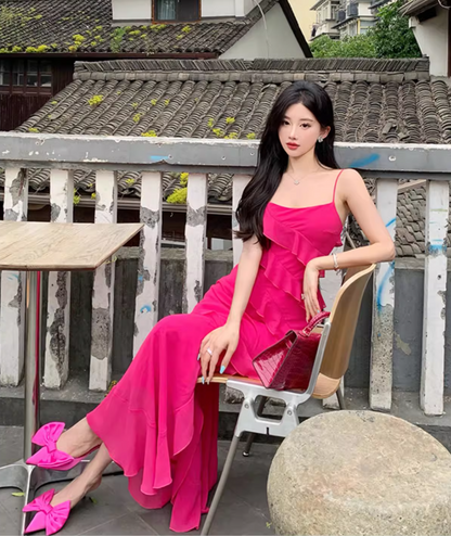Date Night Hot Pink Asymmetric Ruffle Maxi Dress High-Slit Spaghetti Strap Long Dress AP1126