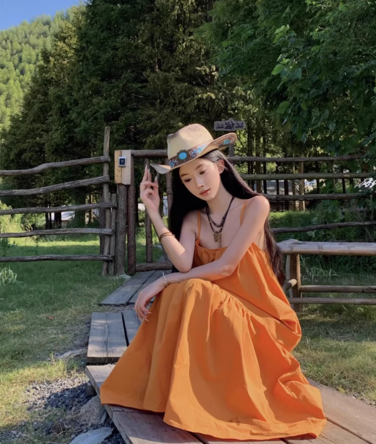Summer Vacation Outfit Everyday Wear Maxi Dress Minimalist Spaghetti Strap Orange Long Dress AP1127