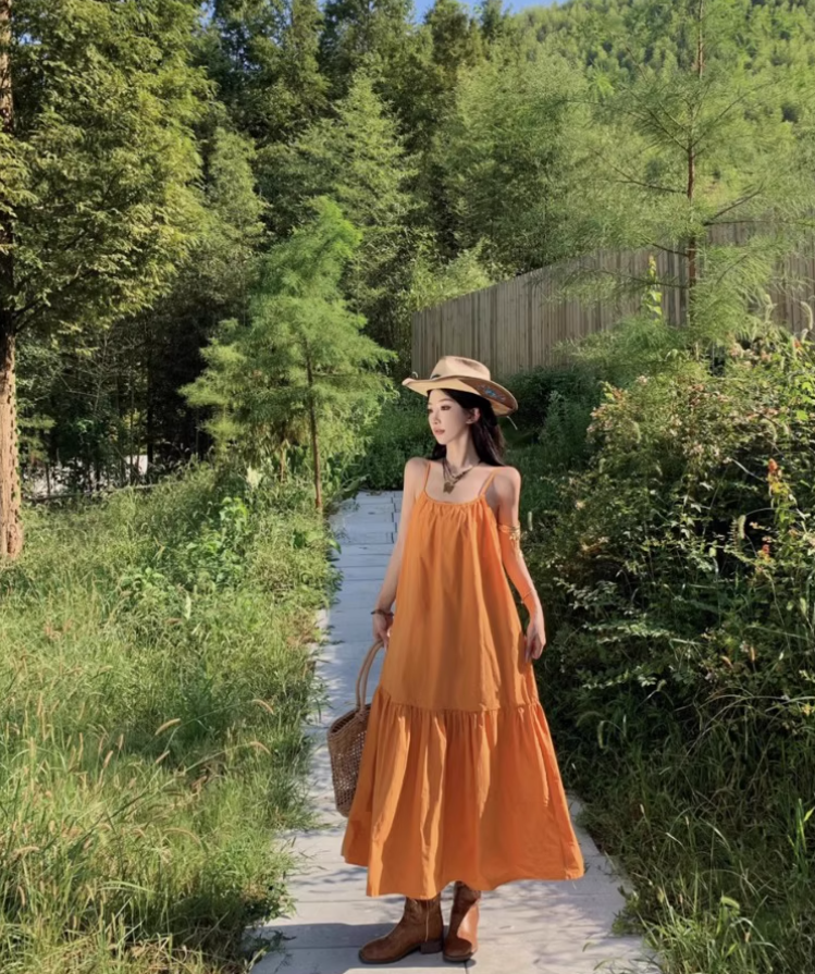 Summer Vacation Outfit Everyday Wear Maxi Dress Minimalist Spaghetti Strap Orange Long Dress AP1127