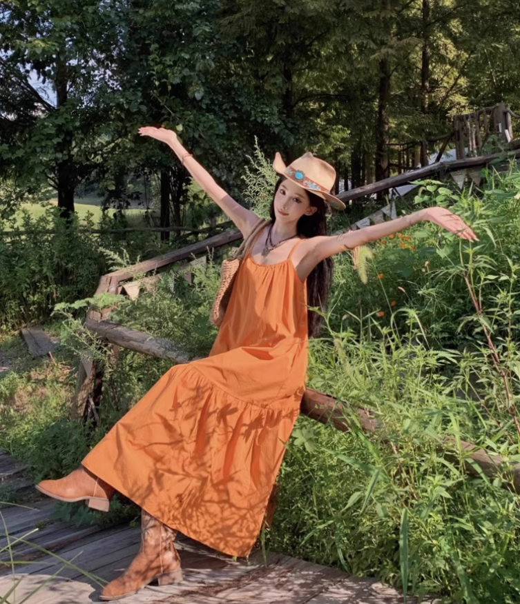 Summer Vacation Outfit Everyday Wear Maxi Dress Minimalist Spaghetti Strap Orange Long Dress AP1127