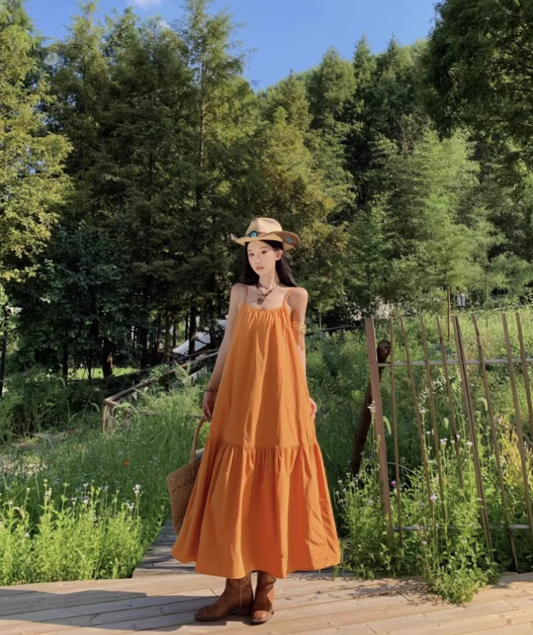 Summer Vacation Outfit Everyday Wear Maxi Dress Minimalist Spaghetti Strap Orange Long Dress AP1127