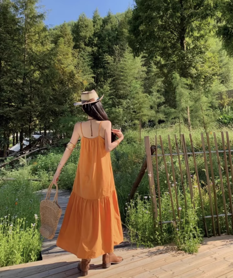 Summer Vacation Outfit Everyday Wear Maxi Dress Minimalist Spaghetti Strap Orange Long Dress AP1127