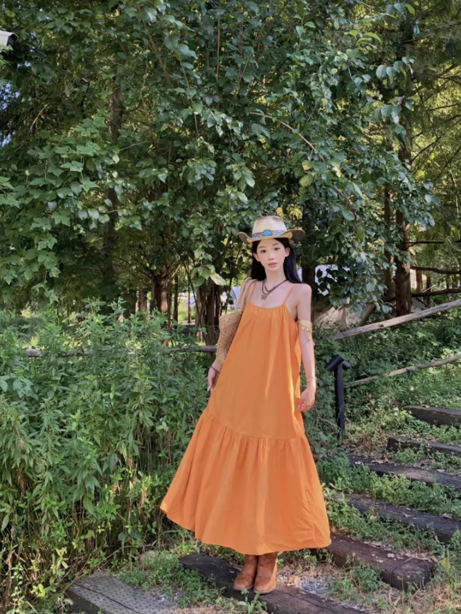 Summer Vacation Outfit Everyday Wear Maxi Dress Minimalist Spaghetti Strap Orange Long Dress AP1127