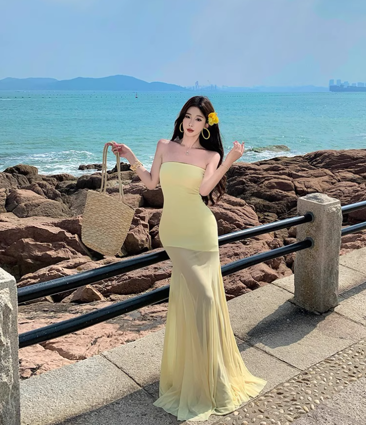 Vintage Vacations Outfit Sheath Gen Z Long Dress Strapless Yellow Sheer Tulle Splicing Long Dress AP1128