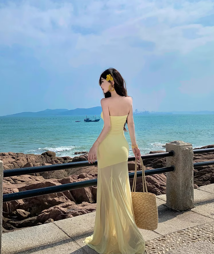 Vintage Vacations Outfit Sheath Gen Z Long Dress Strapless Yellow Sheer Tulle Splicing Long Dress AP1128