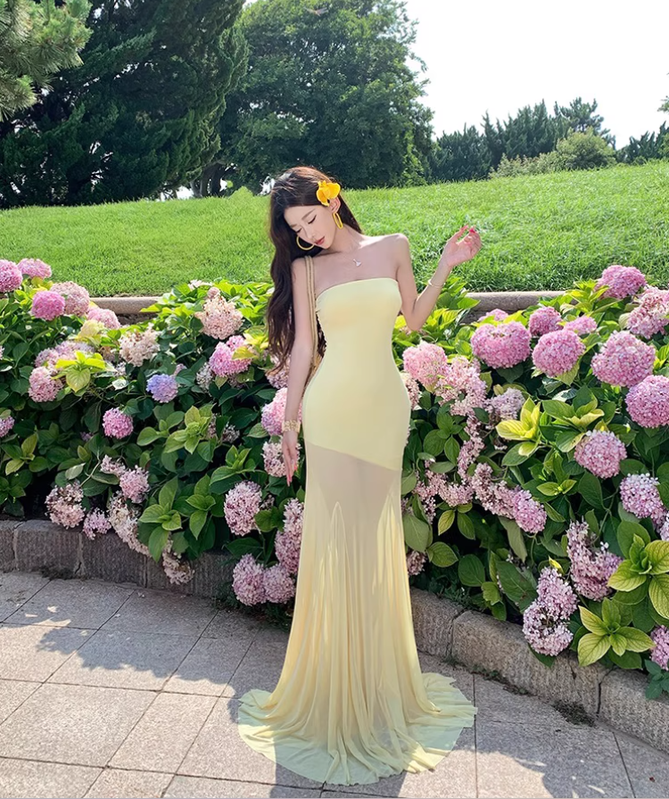 Vintage Vacations Outfit Sheath Gen Z Long Dress Strapless Yellow Sheer Tulle Splicing Long Dress AP1128