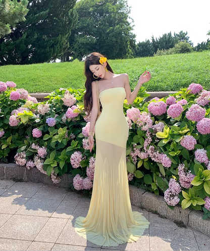 Vintage Vacations Outfit Sheath Gen Z Long Dress Strapless Yellow Sheer Tulle Splicing Long Dress AP1128