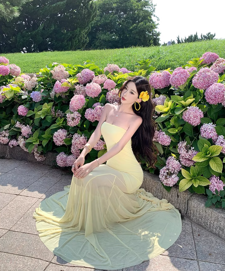 Vintage Vacations Outfit Sheath Gen Z Long Dress Strapless Yellow Sheer Tulle Splicing Long Dress AP1128